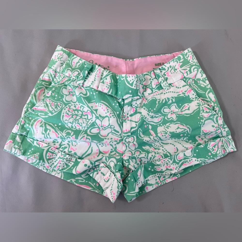 Lilly Pulitzer Women’s Barclay Shorts Size 0 Green Pink Floral Cotton 3” Inseam